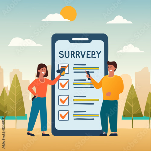 Online survey questionnaire, poll, opinion or customer feedback using internet concept, man and woman using mobile or smartphone to fill in online survey checklis