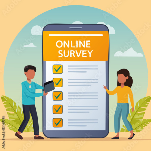 Online survey questionnaire, poll, opinion or customer feedback using internet concept, man and woman using mobile or smartphone to fill in online survey checklis