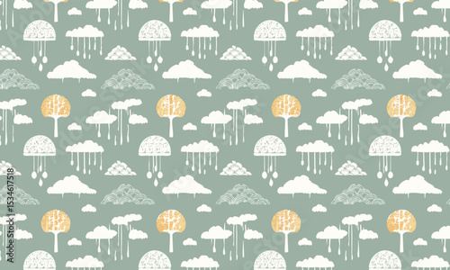 Scandinavian Folk Art Forest and Rain Pattern. Seamless monochrome nature vector background in sage green