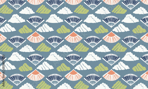 Textured Japanese Fan and Cloud Pattern. Seamless hand-drawn vector background with an artisan craft feel