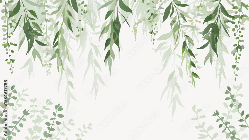 custom made wallpaper toronto digitalWatercolor illustration featuring hanging and upright green leaves on a white background space for text