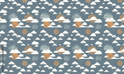 Textured Night Sky Pattern with Clouds and Moons. Seamless whimsical vector background for kids