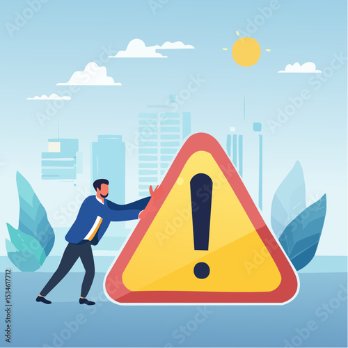 Attention message, notice or caution awareness, risk, dangerous or threat notification, problem alert, beware or mistake warning concept, businessman pushing exclamation triangle attention sig