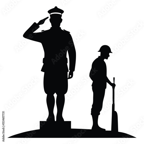 Saluting Soldier Silhouette: A powerful silhouette depicting a soldier standing at attention, saluting, alongside a comrade.  A tribute to military service and remembrance.
