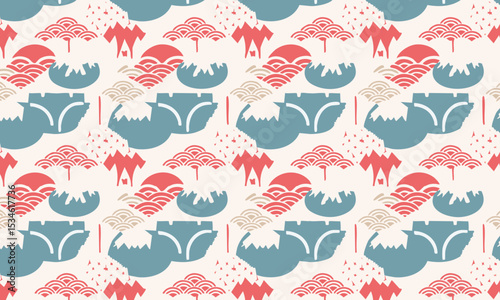Abstract Japanese Landscape Collage Pattern. Seamless modern vector background with a wabi-sabi feel