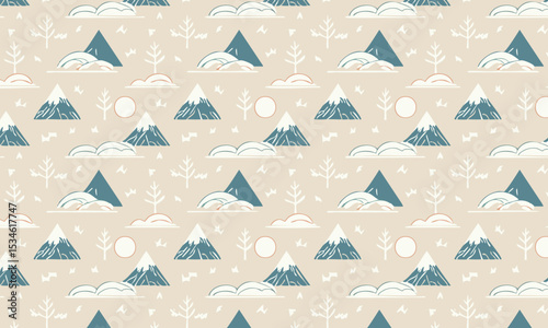 Hand-Drawn Winter Mountain Landscape Pattern. Seamless serene vector background with a rustic feel