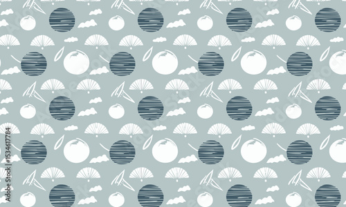 Monochrome Japanese Umbrella and Rain Pattern. Seamless textured and atmospheric vector background