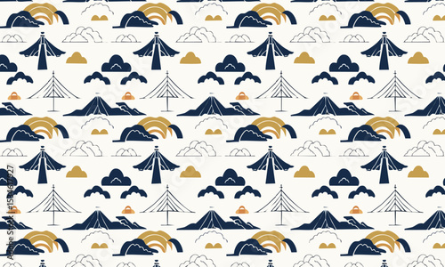 Minimalist Japanese Landscape Line Art Pattern. Seamless elegant vector background with traditional motifs