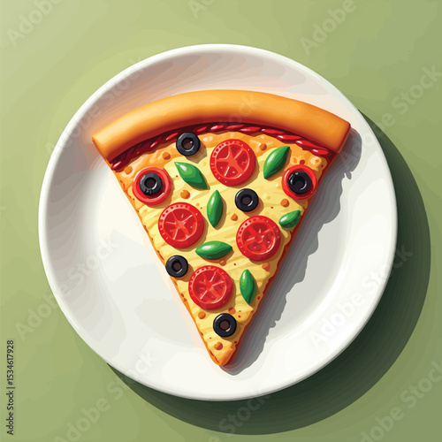 Delicious pizza slice with tomato and olive toppings on a white plate close up food photography