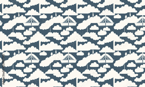 Monochrome Japanese Umbrella and Cloud Pattern. Seamless bold and graphic vector background