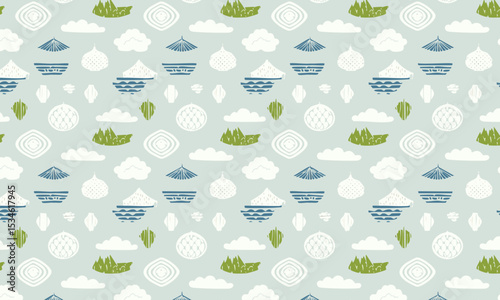 Cute Ditsy Japanese Landscape Pattern. Seamless minimalist vector background for kids and nursery