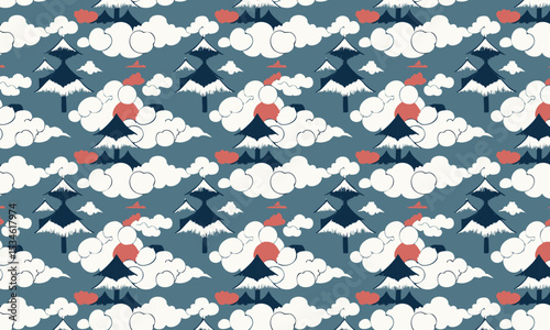 Japanese Style Winter Forest and Cloud Pattern. Seamless nature vector background with snow covered trees