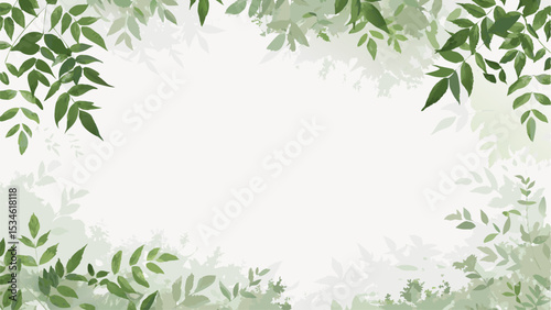 Watercolor style background image featuring green leaves framing a central white space for text or design