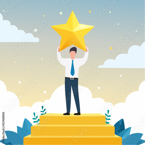 Star employee, success leader or confidence, high performance staff or achievement, evaluation or award winning, quality concept, confidence businessman with excellent golden sta