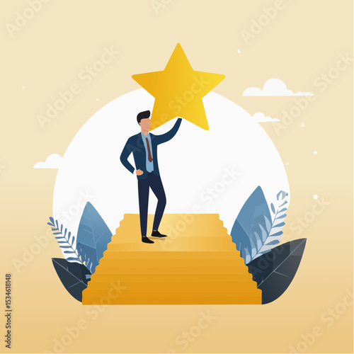 Star employee, success leader or confidence, high performance staff or achievement, evaluation or award winning, quality concept, confidence businessman with excellent golden sta