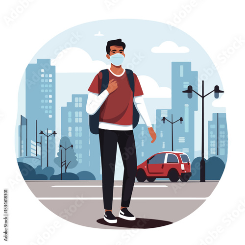 Young Man Wearing Medical Mask on the Road Vector Illustration for Health Safety Concept