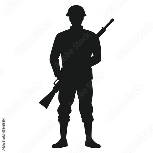 Silent Sentinel: A stark, silhouette of a soldier in full combat gear, rifle at the ready, embodies vigilance and service, standing as a symbol of defense.