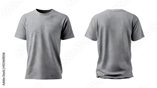 Front and back view of a classic gray crew neck t shirt isolated on isolated on white transparent background displaying apparel design and textile details