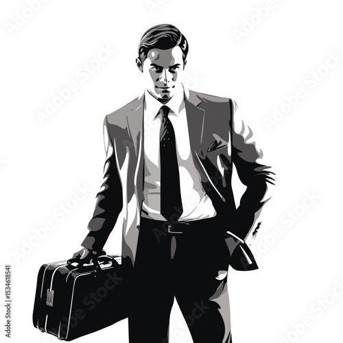 Professional businessman using bullhorn and holding briefcase in black and white vector illustration