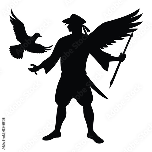 Kneeling angel with wings and sword in sorrow stencil illustration
