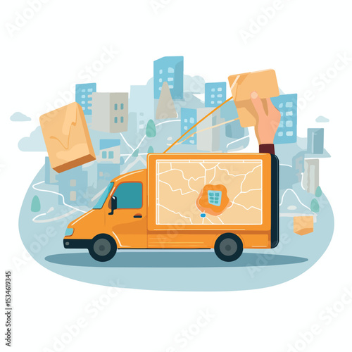 Professional Delivery Concept: Hand touching tablet screen showing map. Vector illustration for logistics, navigation, technology, and transportation services.