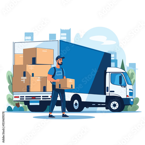 Professional Delivery Truck and Courier with Box Vector Illustration for Logistics Services
