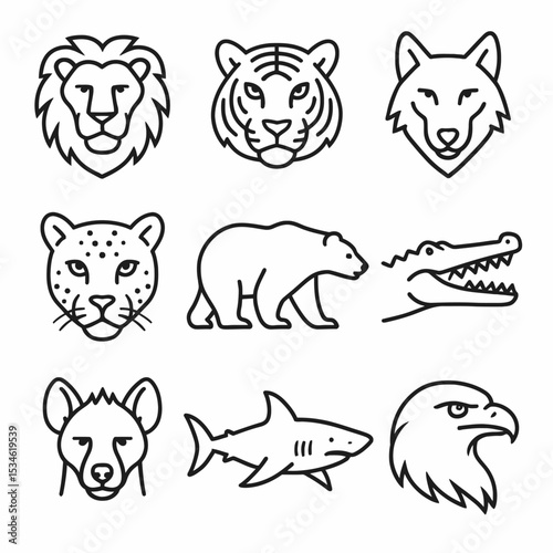 ions, tigers, and wolves in sharp black-and-white outlines for predator or wildlife-themed icons