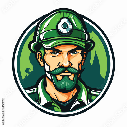 Professional Male Firefighter Cartoon in Green Lines Vector Illustration