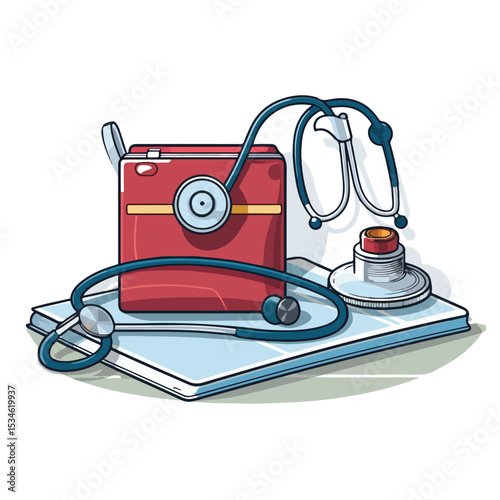 Professional Medical Equipment Setup with First Aid Kit, Medical Report, and Stethoscope on Table