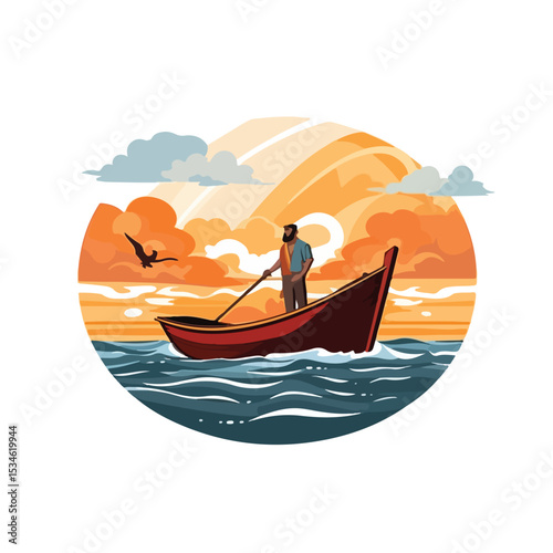 Professional Fisherman on Boat Icon Vector Illustration for Fishing Blogs and Websites