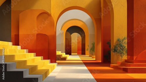 Vibrant architectural scene featuring layered arches, geometric shadows, and stairs in shades of yellow, orange, and red under strong sunlight.