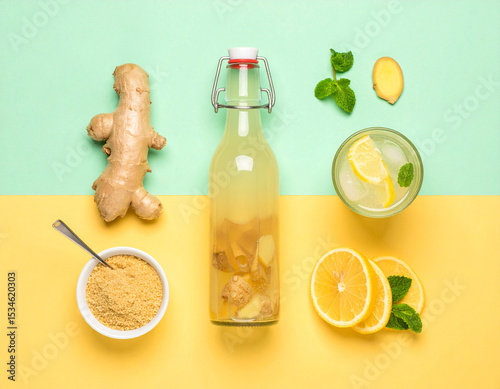 Fermented Ginger Bug Starter with Fresh Lemon and Cane Sugar – Homemade Probiotic Drink Overhead View