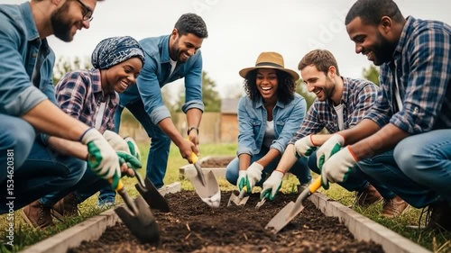 A diverse group of smiling friends collaboratively cultivates a raised garden bed, using hand tools to mix soil