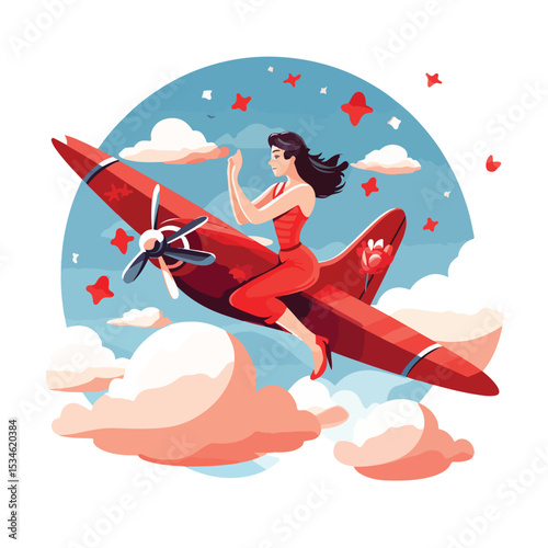 Illustration of a Girl Flying a Red Airplane on a Romantic Day with Love in the Air