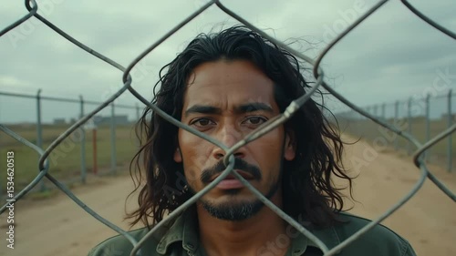 Mexican refugee man with long hair standing at closed border fence with barbed wire. Immigration issue and detainment crisis concept footage. Close-up.
