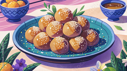 Greek loukoumades drizzled with honey and sprinkled with sesame seeds. Golden, fluffy, deep-fried dough balls served warm as a sweet Mediterranean dessert treat