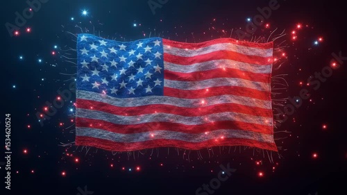 A dynamic American flag with stripes made of AI-generated code streams and holographic stars digital