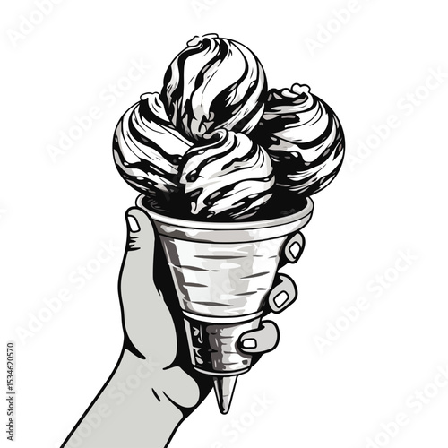 Professional Hand Holding Ice Cream Scoops Black and White Vector Illustration