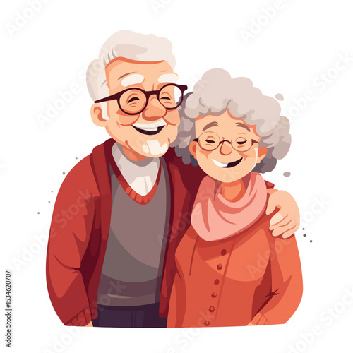 Cheerful Elderly Couple Embracing Against White Background - Stock Image