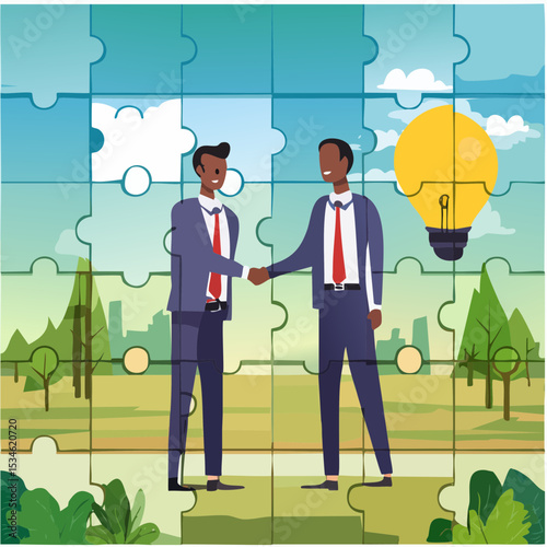 Collaborate, cooperate or partnership and agreement to help business success, together or teamwork support each other concept, success businessmen finish deal and handshake on jigsaw puzzl