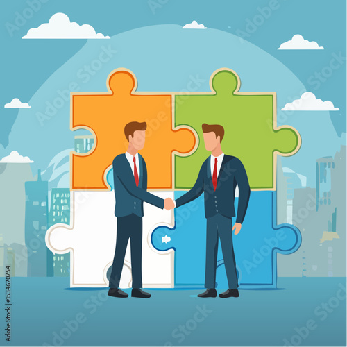 Collaborate, cooperate or partnership and agreement to help business success, together or teamwork support each other concept, success businessmen finish deal and handshake on jigsaw puzzl
