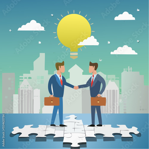 Collaborate, cooperate or partnership and agreement to help business success, together or teamwork support each other concept, success businessmen finish deal and handshake on jigsaw puzzl