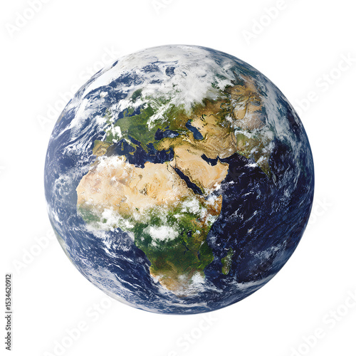 High-resolution satellite image of planet earth showcasing continents oceans and cloud formations in space isolated on a isolated on white transparent background for design and global themes