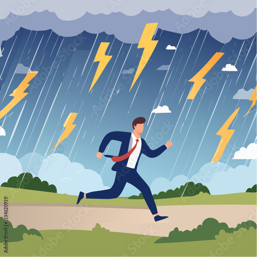 Runaway from crisis, catastrophe misfortune situation, escape from disaster, bankruptcy or danger failure, overworked, anxiety or work stress concept, businessman run away from thunder storm rainin