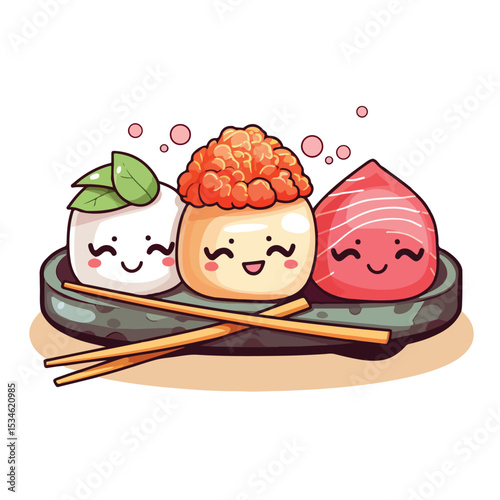 Authentic Kawaii Sushi and Oriental Food Japanese Platter, Chopsticks, and Soy Sauce Dip in Illustrated Vector Design