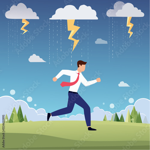 Runaway from crisis, catastrophe misfortune situation, escape from disaster, bankruptcy or danger failure, overworked, anxiety or work stress concept, businessman run away from thunder storm rainin