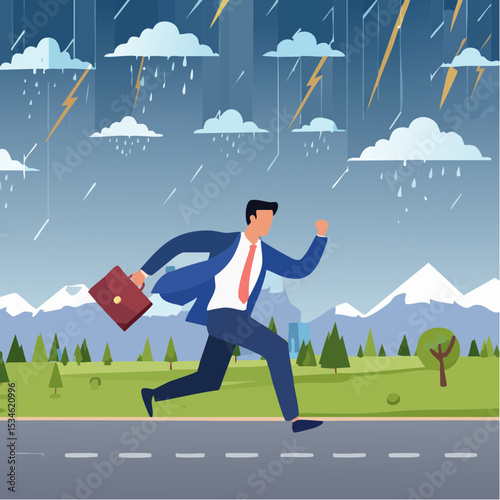 Runaway from crisis, catastrophe misfortune situation, escape from disaster, bankruptcy or danger failure, overworked, anxiety or work stress concept, businessman run away from thunder storm rainin