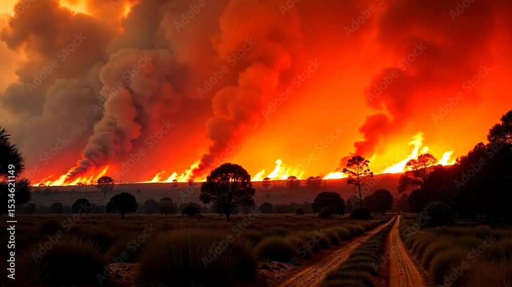 Intense forest blaze sweeping across arid woodland, igniting vegetation and trees in an isolated area affected