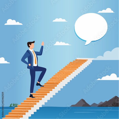 Advice, discussion talking, guidance, tips or suggestion for business success, help, wisdom, feedback to help develop improvement concept, businessman walk up speech bubble as stair to reach succes
