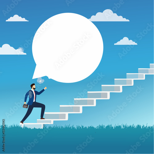 Advice, discussion talking, guidance, tips or suggestion for business success, help, wisdom, feedback to help develop improvement concept, businessman walk up speech bubble as stair to reach succes
